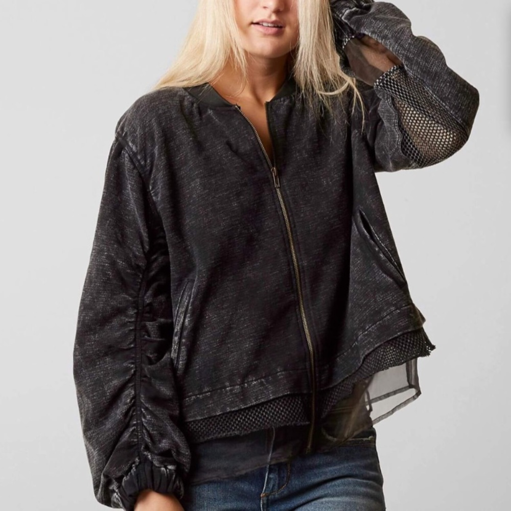 Gilded intent black acid wash distressed bleached mesh bomber jacket Grunge